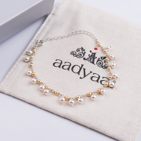 White & Golden Pearl Silver Bracelet (Project Handmade)