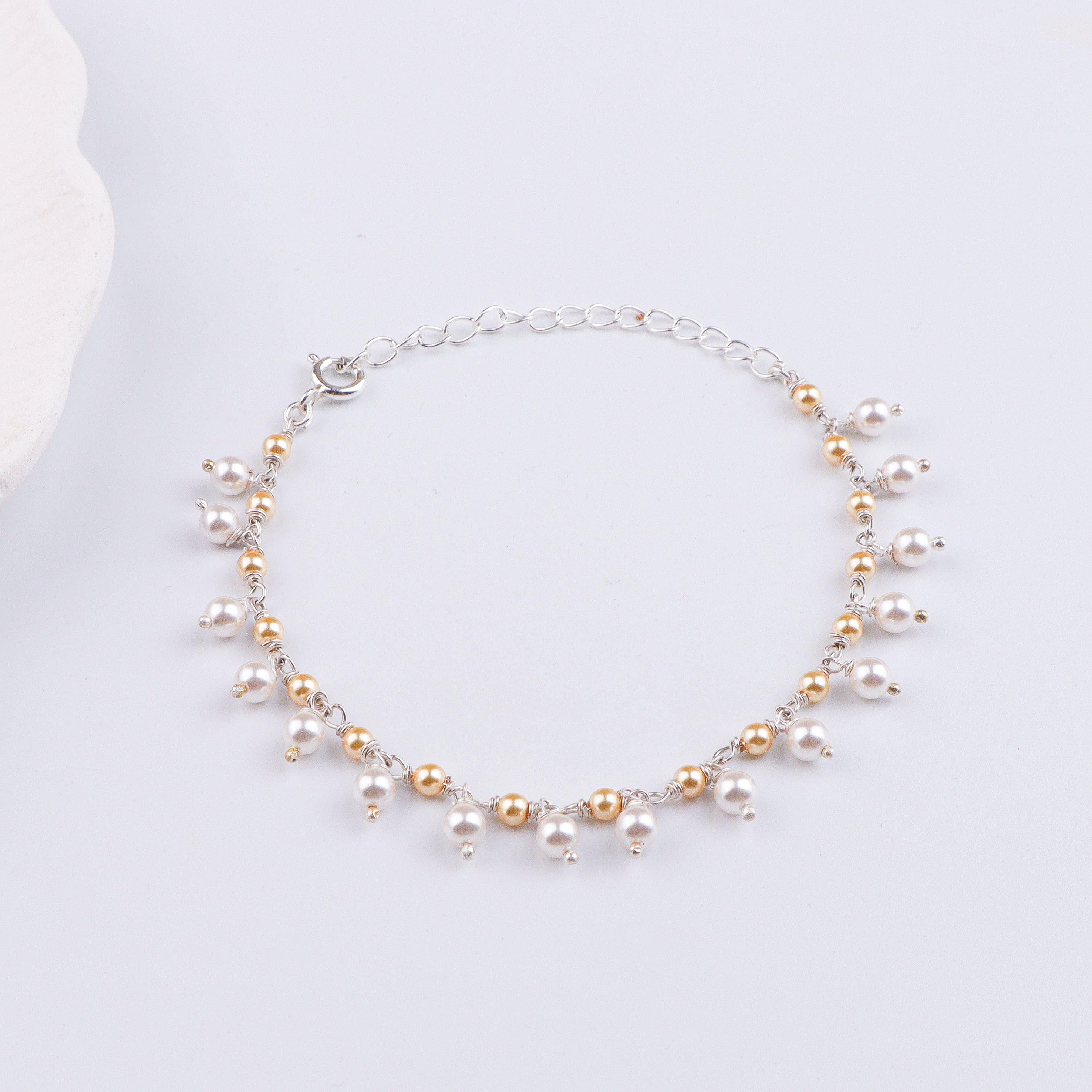White & Golden Pearl Silver Bracelet (Project Handmade)