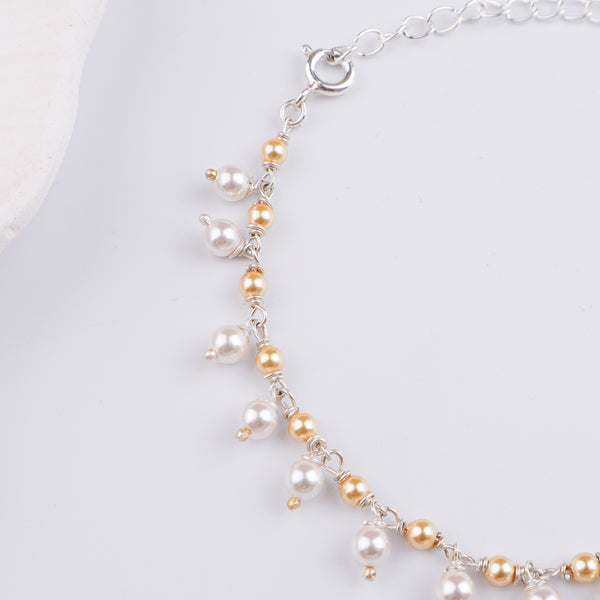 White & Golden Pearl Silver Bracelet (Project Handmade)