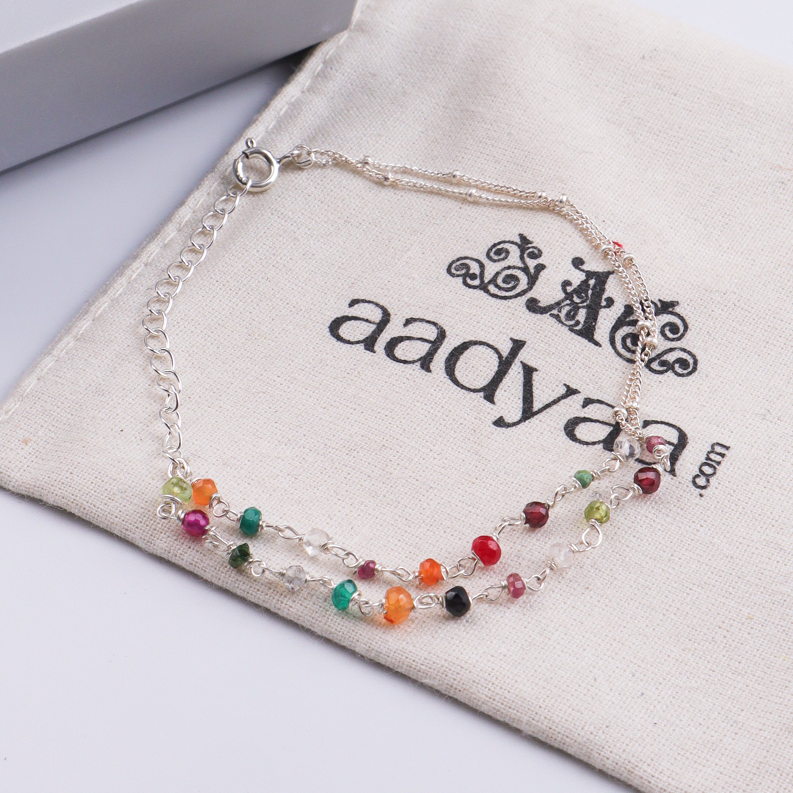 Multicolor Stone Silver Chain Bracelet (Project Handmade)