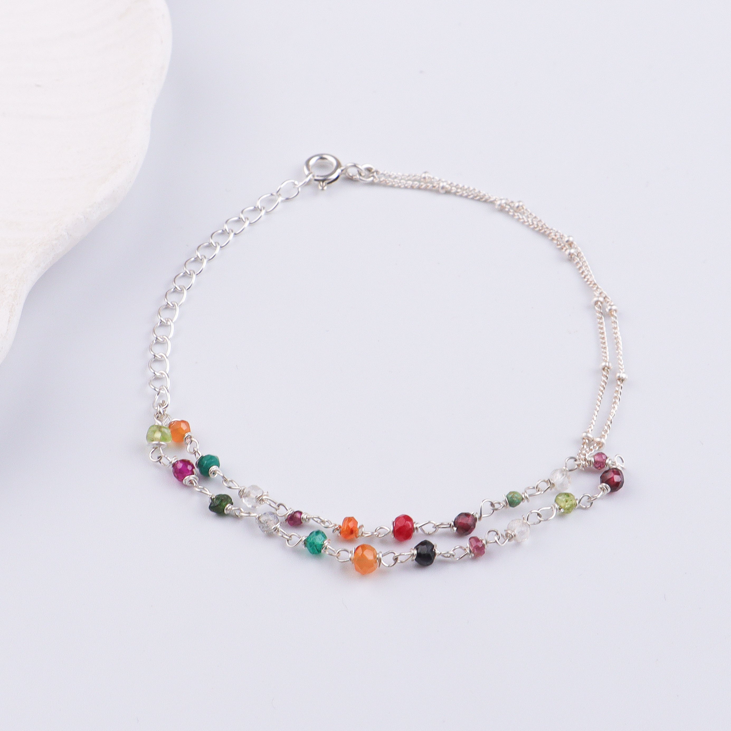 Multicolor Stone Silver Chain Bracelet (Project Handmade)
