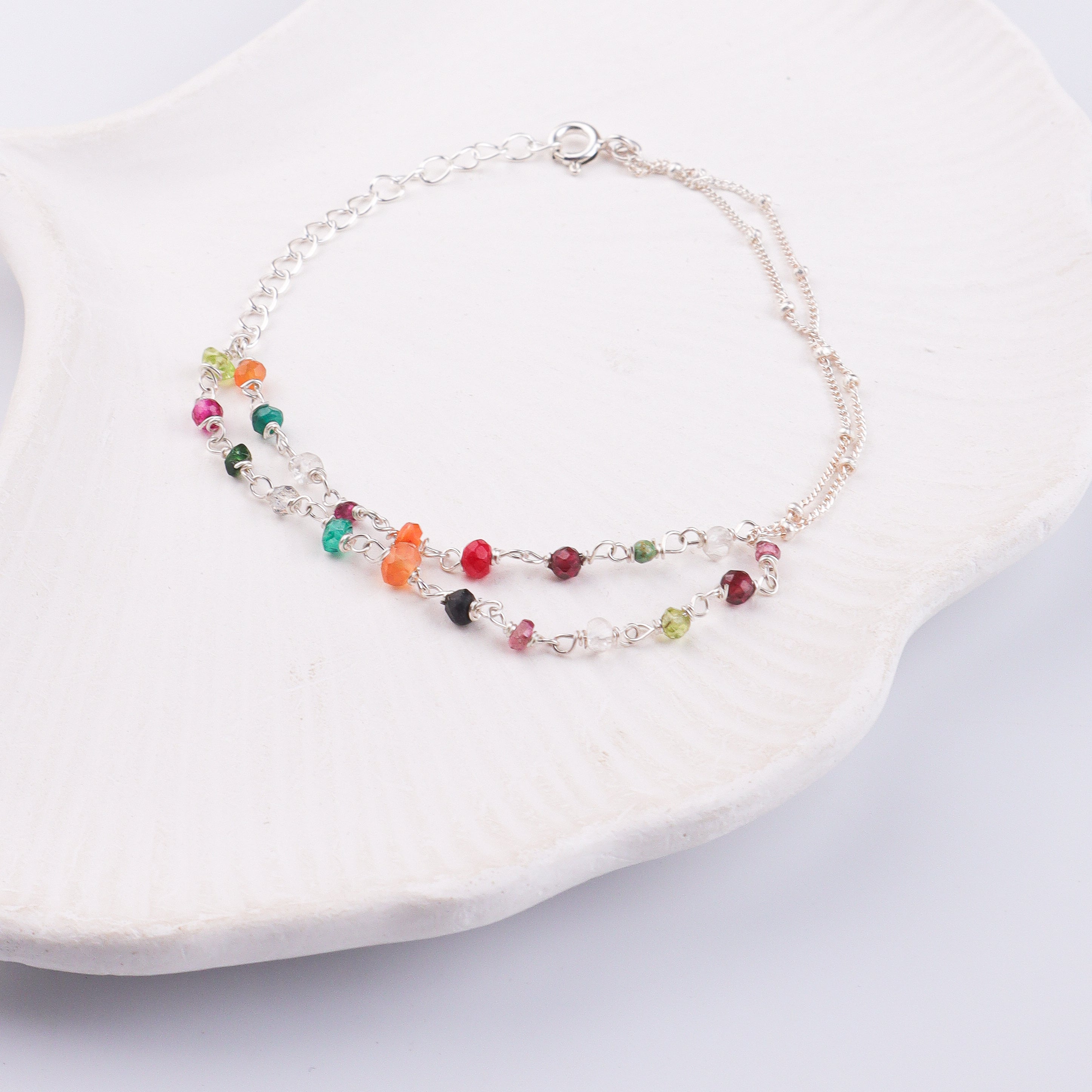 Multicolor Stone Silver Chain Bracelet (Project Handmade)