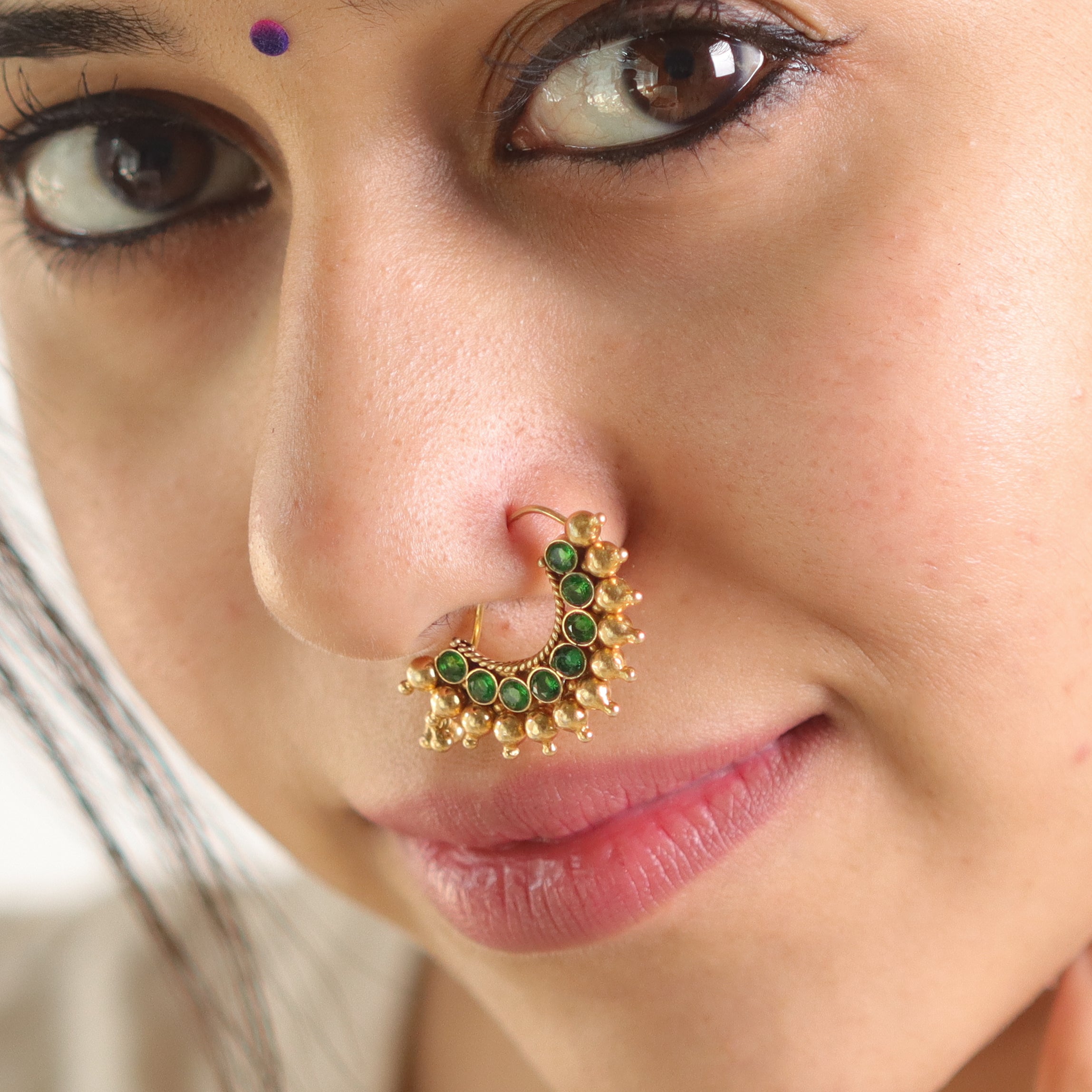 Karwar Nath : Green  (Left, Pierced) |  92.5 Silver | 22K Gold Plated