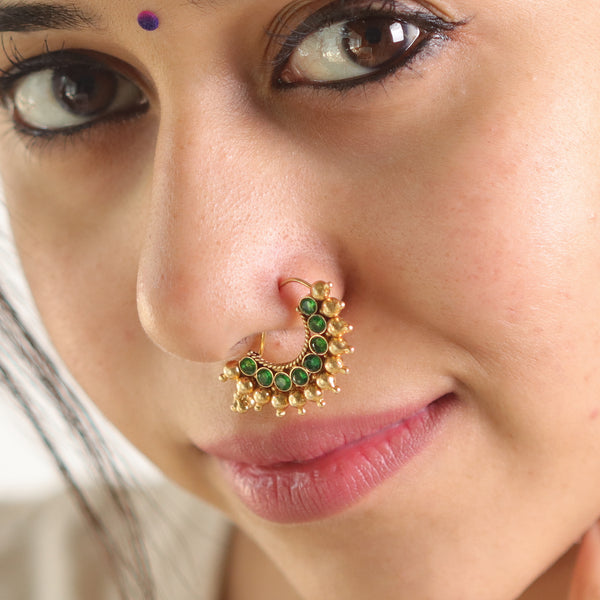 Karwar Nath : Green  (Left, Pierced) |  92.5 Silver | 22K Gold Plated