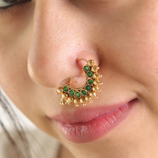Karwar Nath : Green  (Left, Pierced) |  92.5 Silver | 22K Gold Plated
