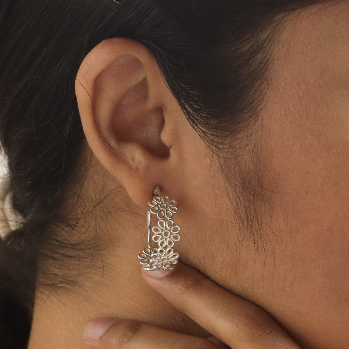 Filigree Silver Hoops (Flower)