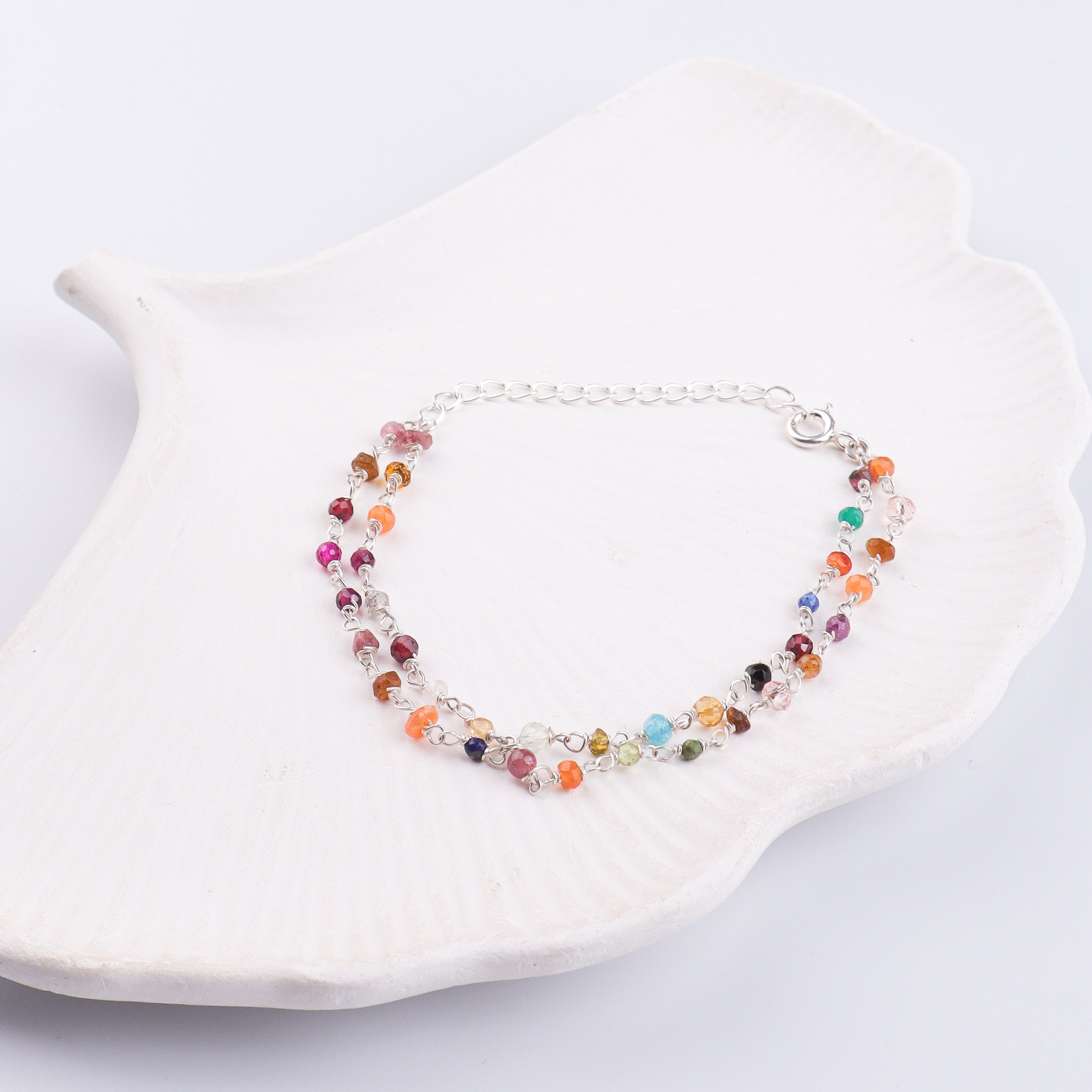 Two Layered Multicolor Stone Silver Bracelet (Project Handmade)
