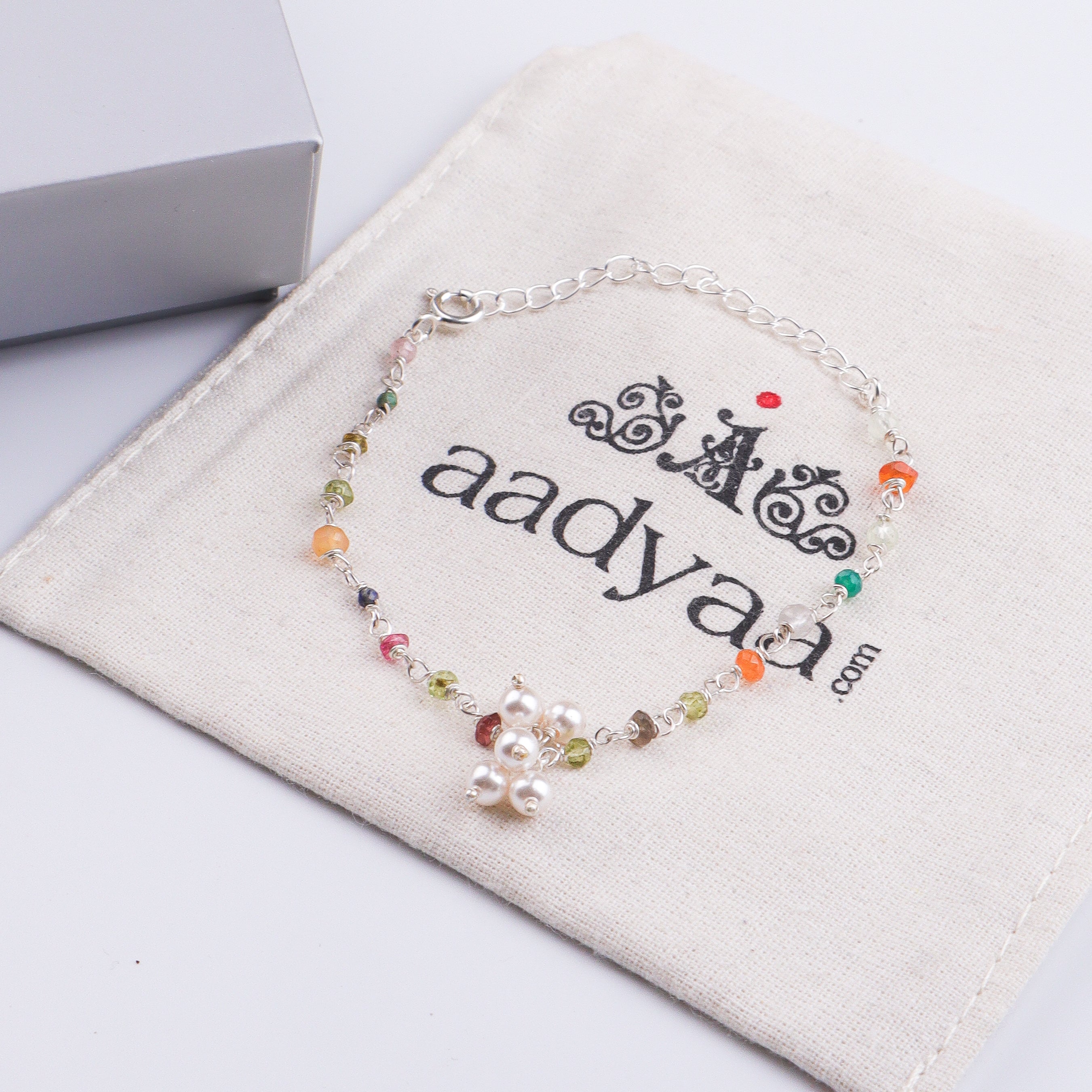 Multicolor Stone & Pearl Bunch Silver Bracelet (Project Handmade)