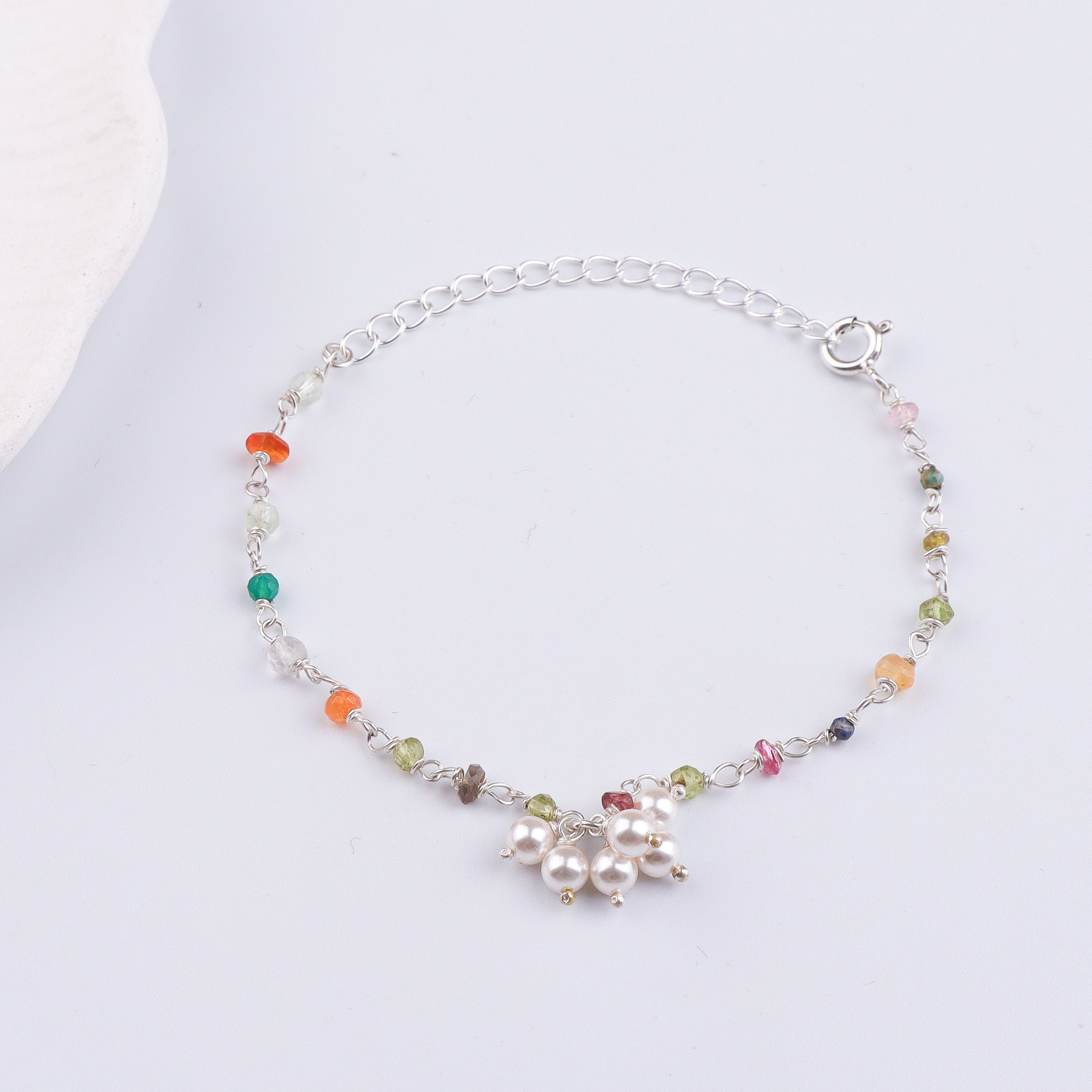 Multicolor Stone & Pearl Bunch Silver Bracelet (Project Handmade)
