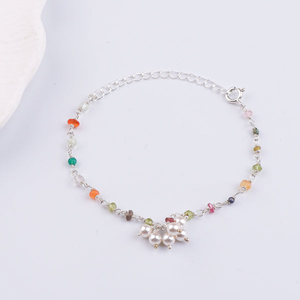 Multicolor Stone & Pearl Bunch Silver Bracelet (Project Handmade)