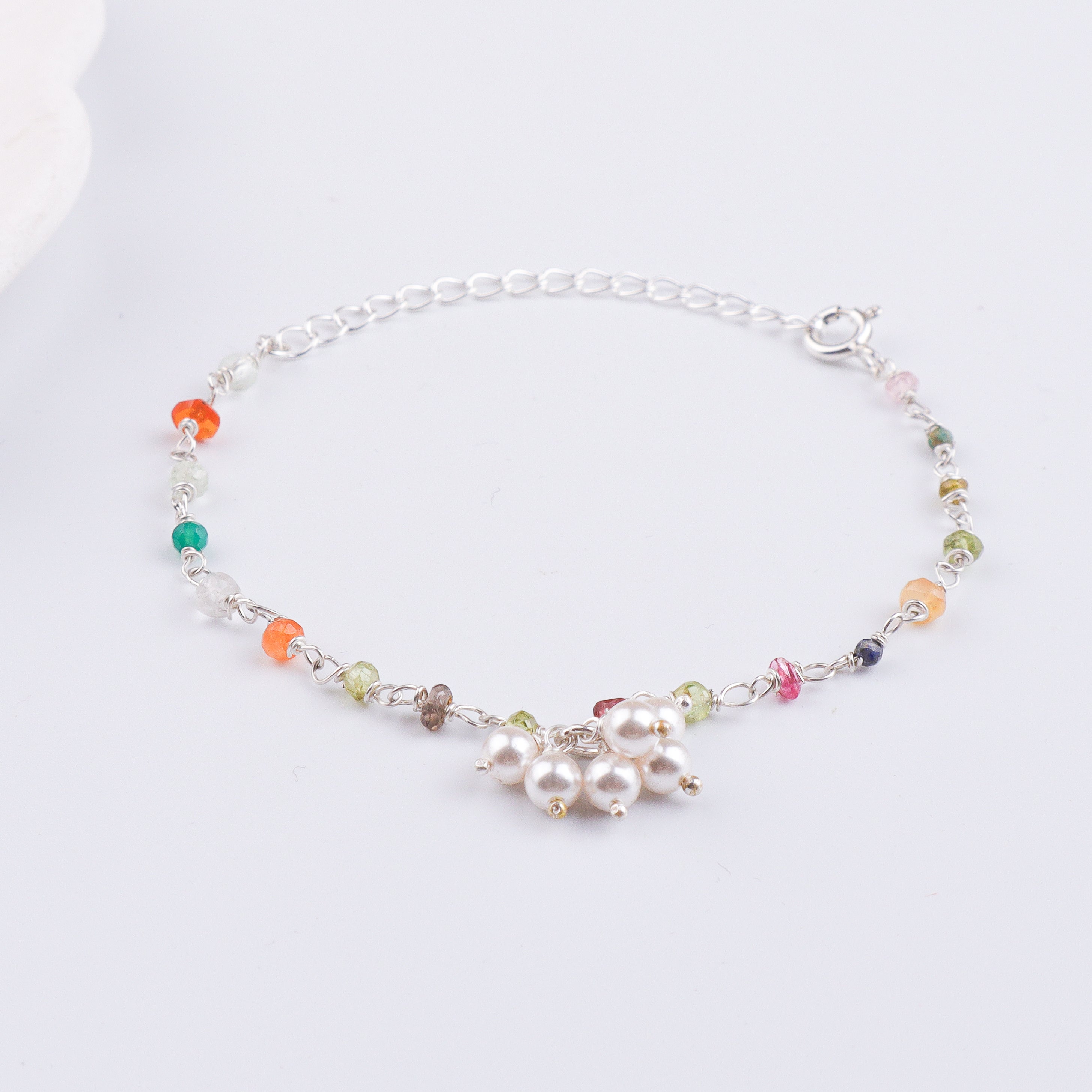 Multicolor Stone & Pearl Bunch Silver Bracelet (Project Handmade)