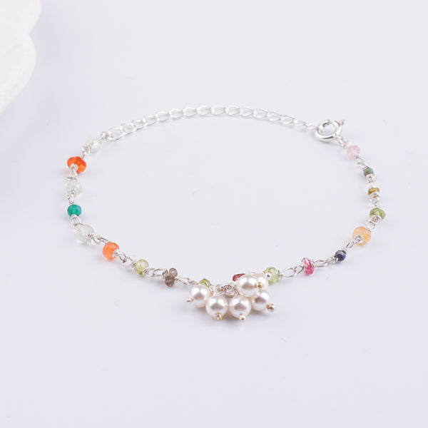 Multicolor Stone & Pearl Bunch Silver Bracelet (Project Handmade)