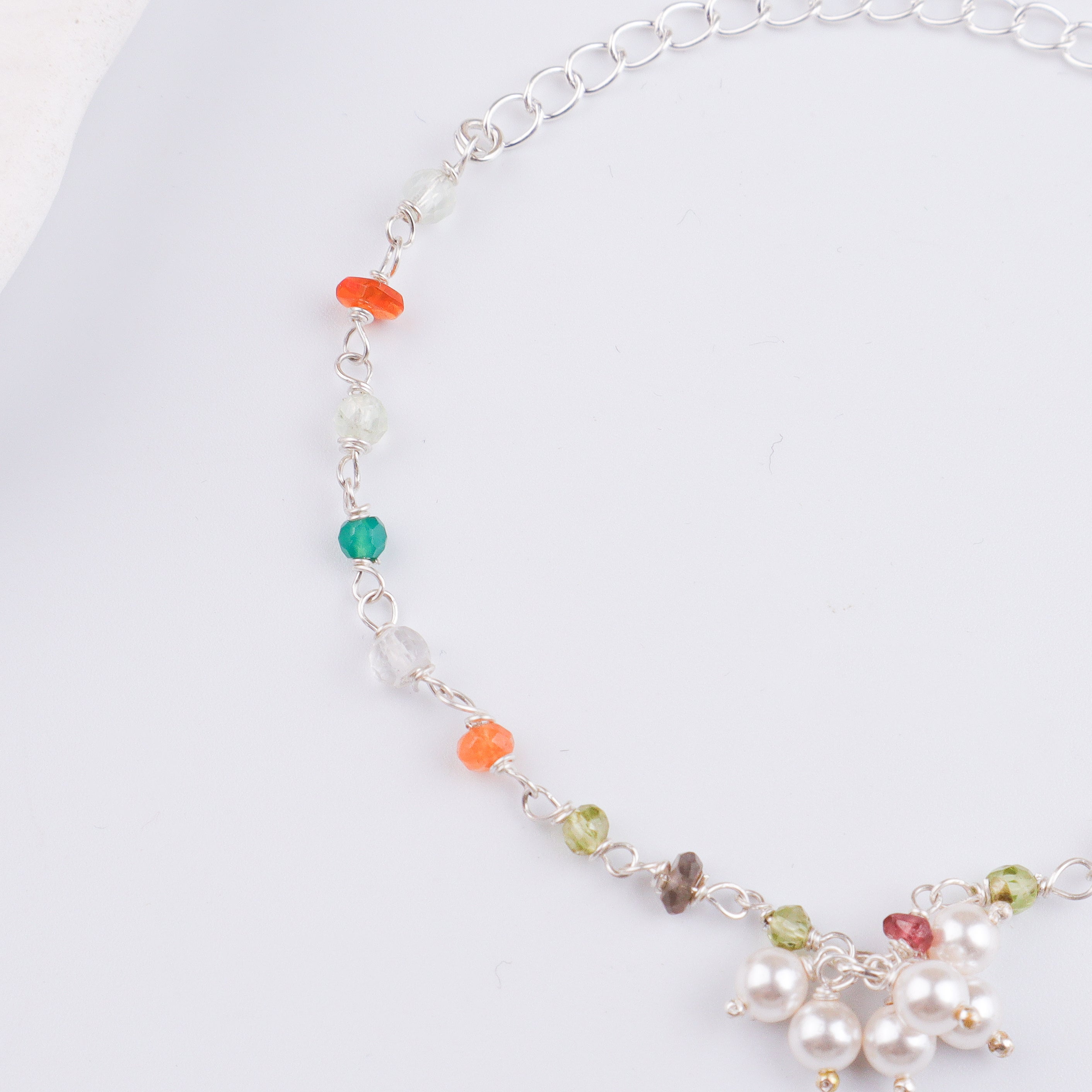 Multicolor Stone & Pearl Bunch Silver Bracelet (Project Handmade)