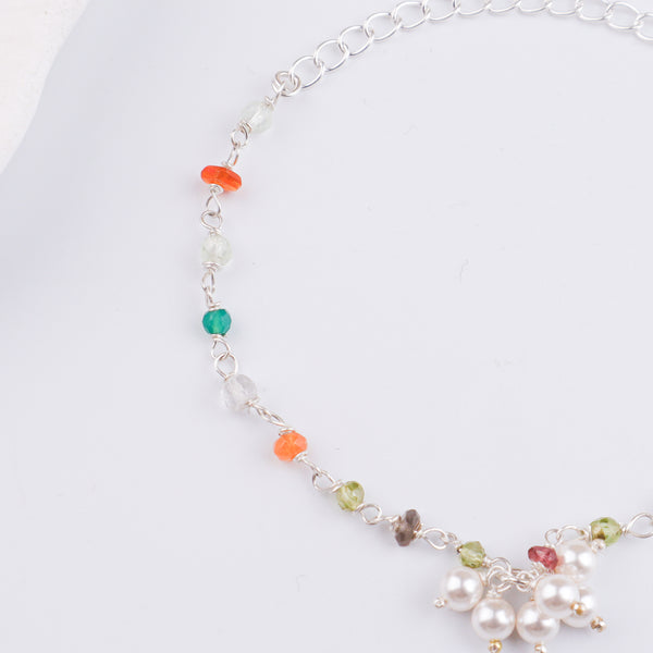 Multicolor Stone & Pearl Bunch Silver Bracelet (Project Handmade)
