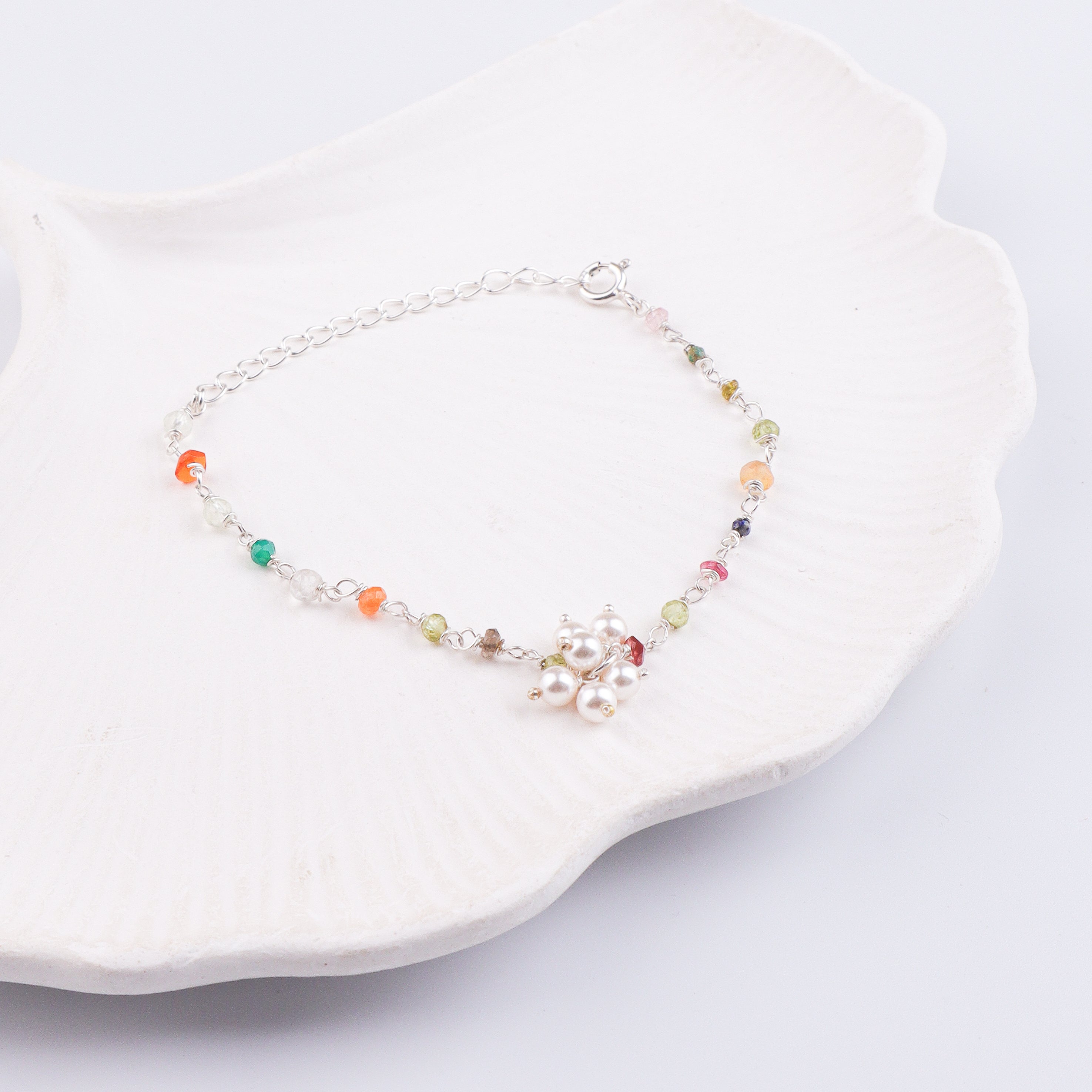 Multicolor Stone & Pearl Bunch Silver Bracelet (Project Handmade)