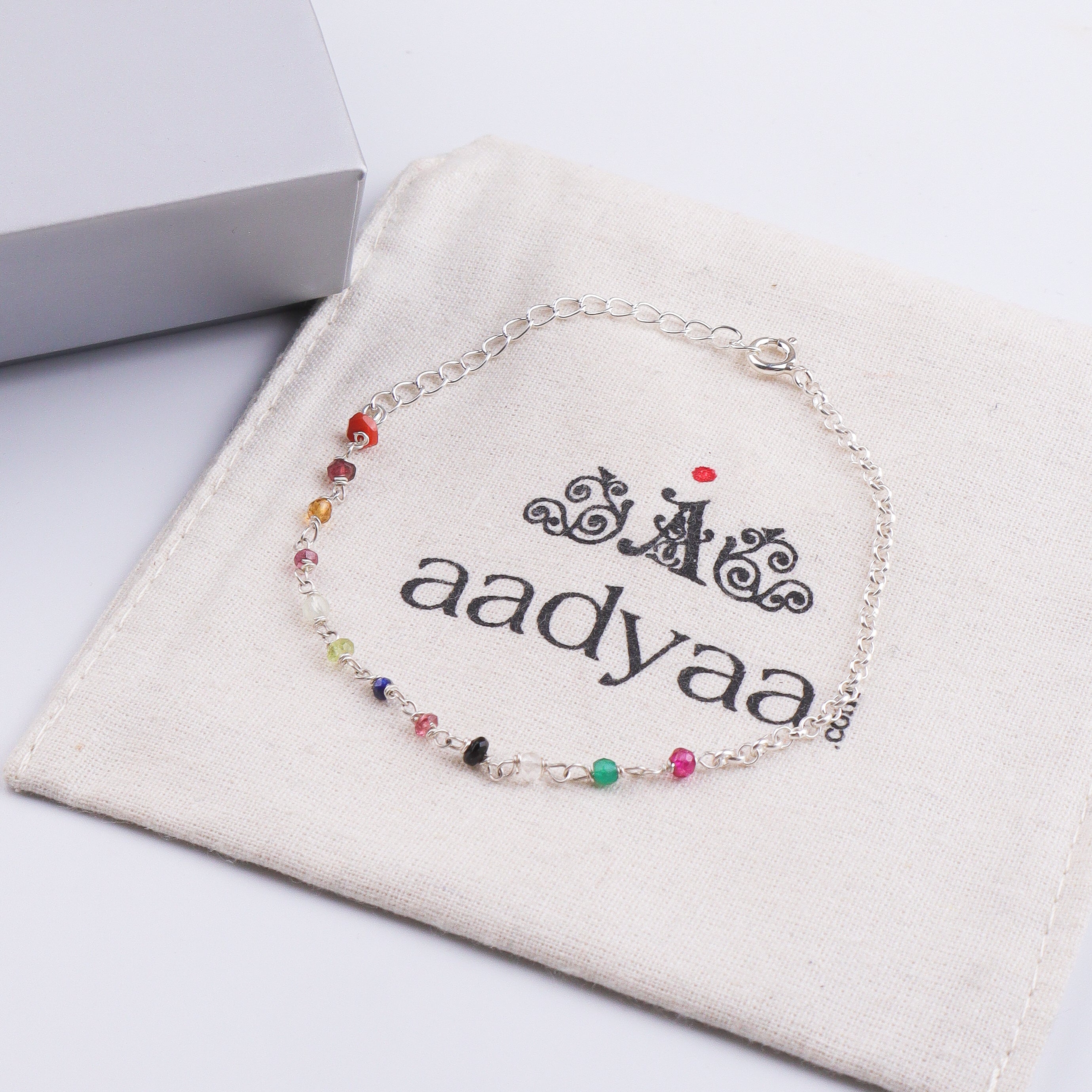 Multicolor Stone Silver Chain Bracelet (Project Handmade)