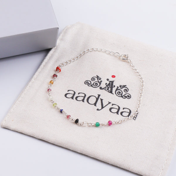 Multicolor Stone Silver Chain Bracelet (Project Handmade)