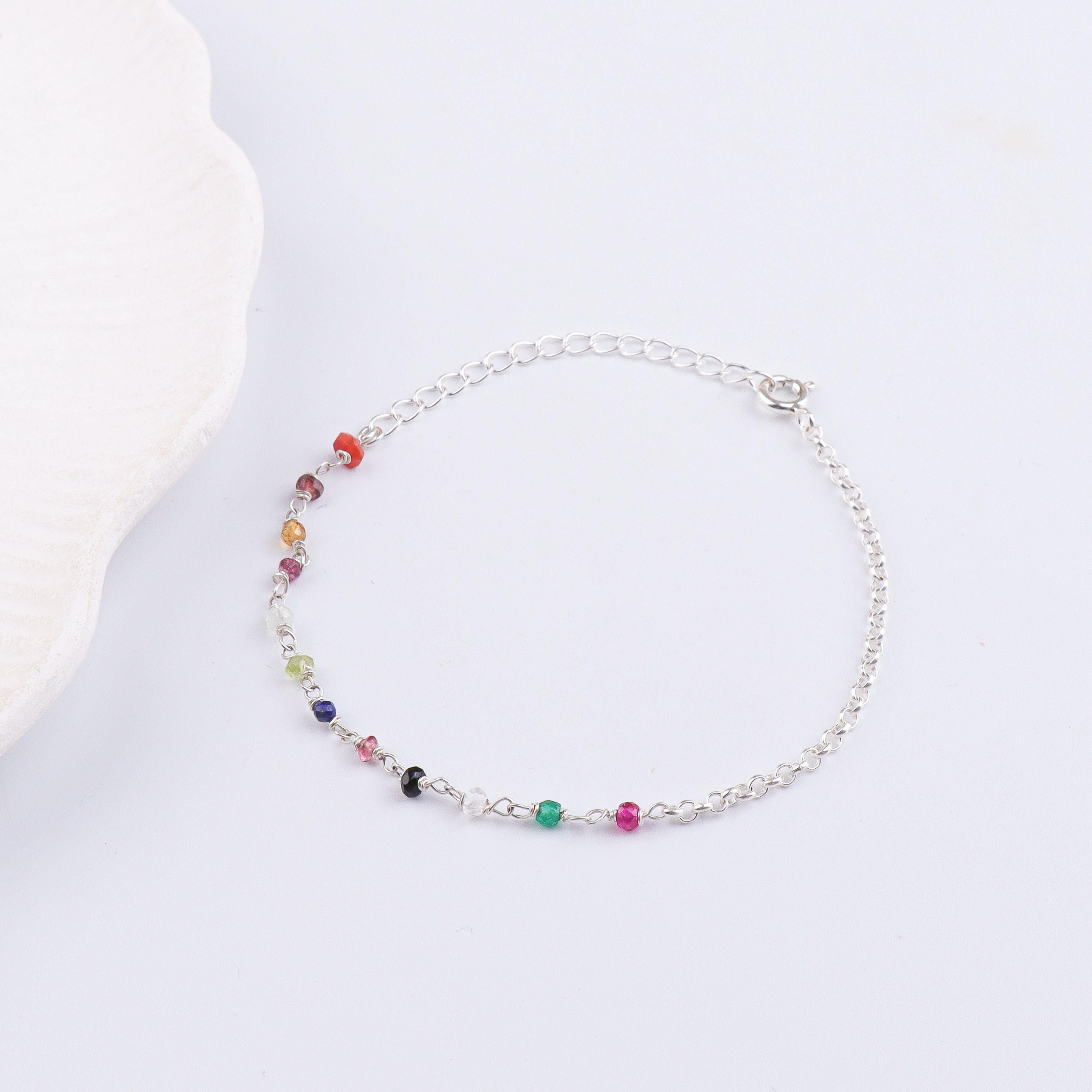 Multicolor Stone Silver Chain Bracelet (Project Handmade)