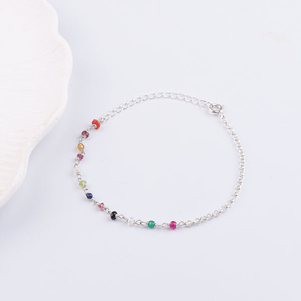 Multicolor Stone Silver Chain Bracelet (Project Handmade)