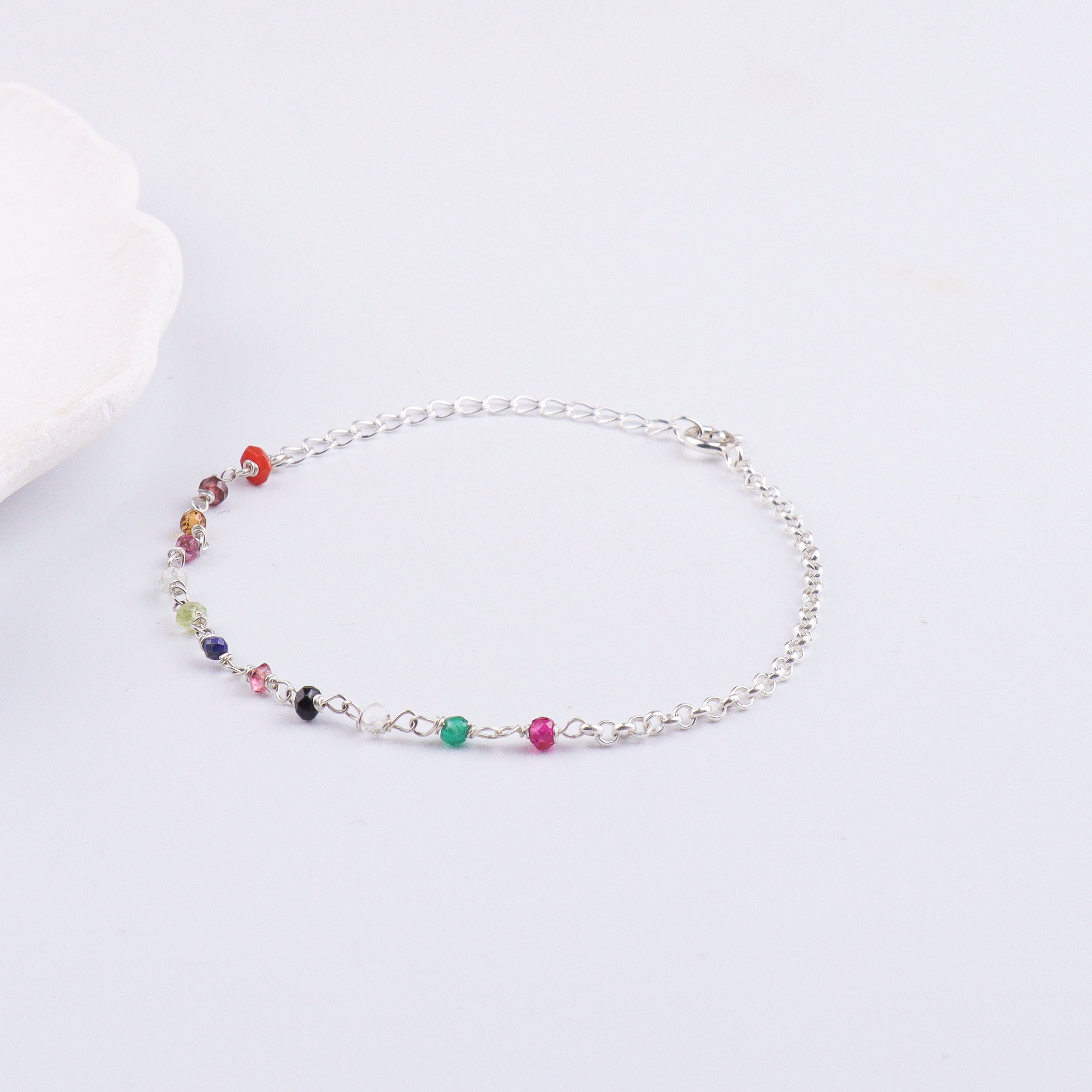 Multicolor Stone Silver Chain Bracelet (Project Handmade)