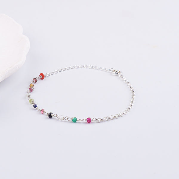 Multicolor Stone Silver Chain Bracelet (Project Handmade)