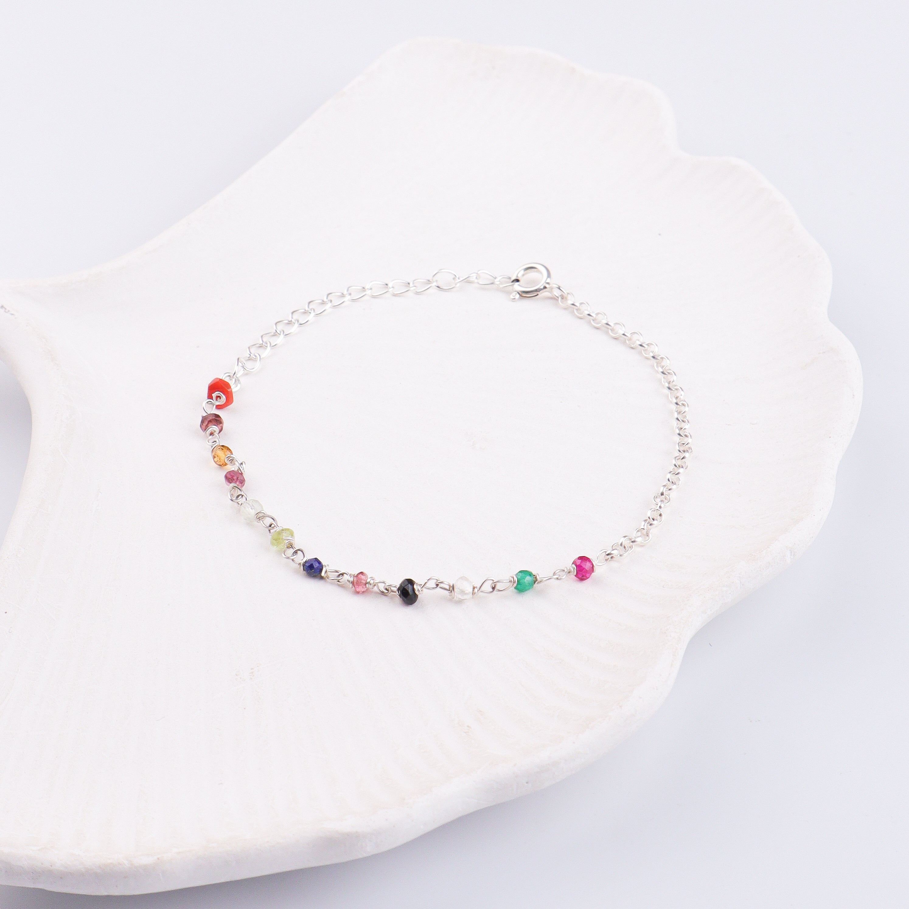 Multicolor Stone Silver Chain Bracelet (Project Handmade)