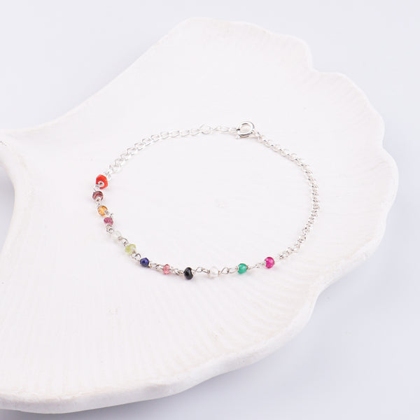 Multicolor Stone Silver Chain Bracelet (Project Handmade)