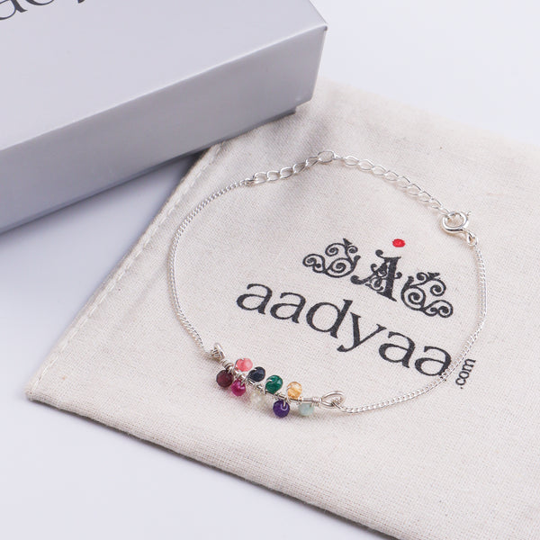 Multicolor Stone Silver Chain Bracelet (Project Handmade)