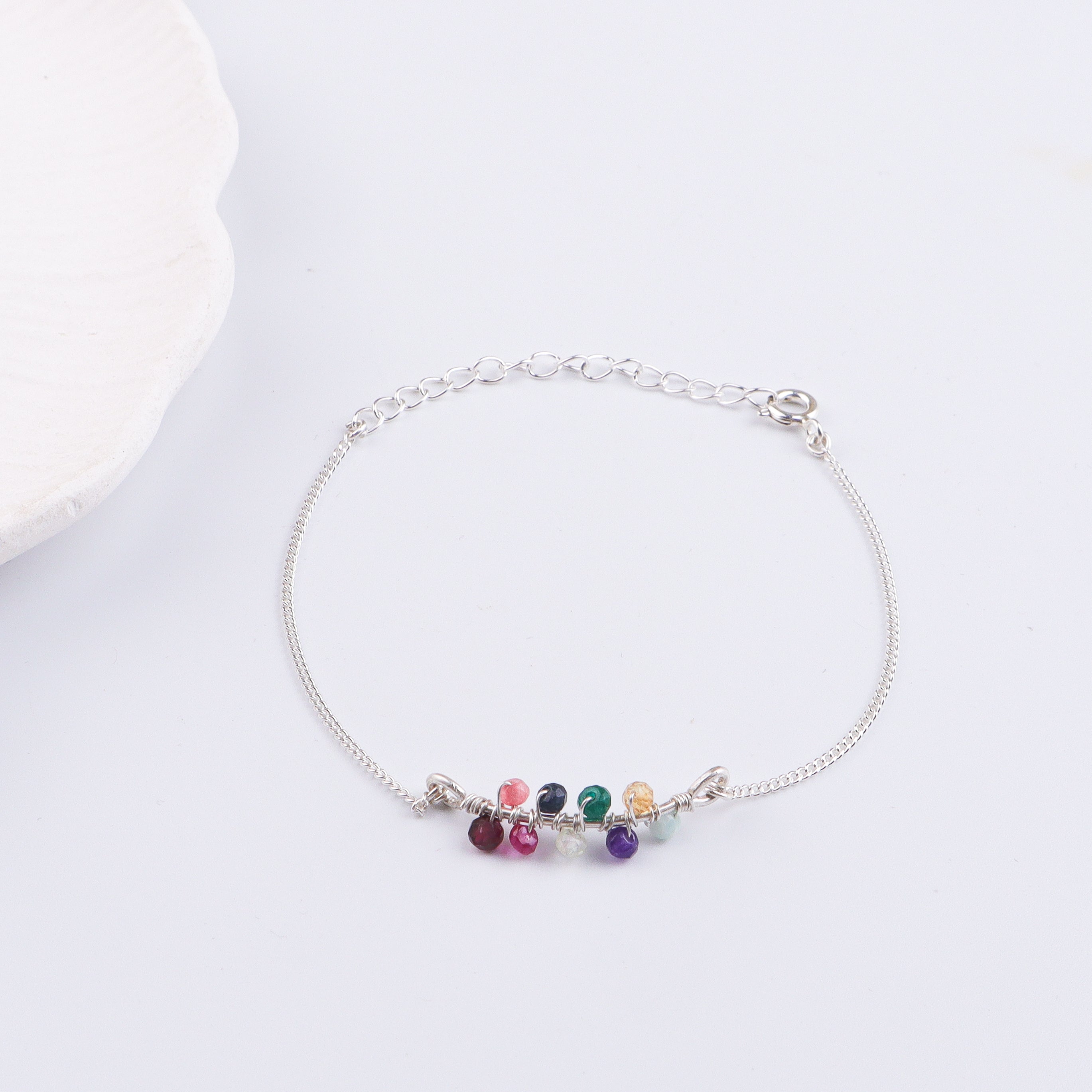 Multicolor Stone Silver Chain Bracelet (Project Handmade)