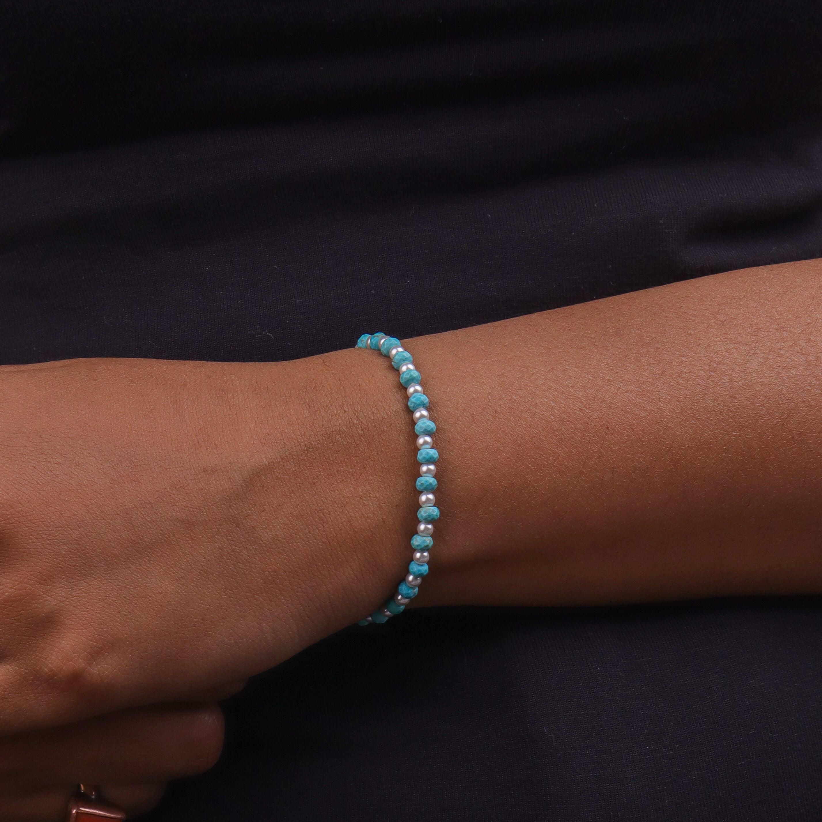 Turquoise & Pearls Silver Bracelet (Project Handmade)