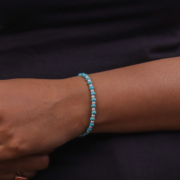 Turquoise & Pearls Silver Bracelet (Project Handmade)