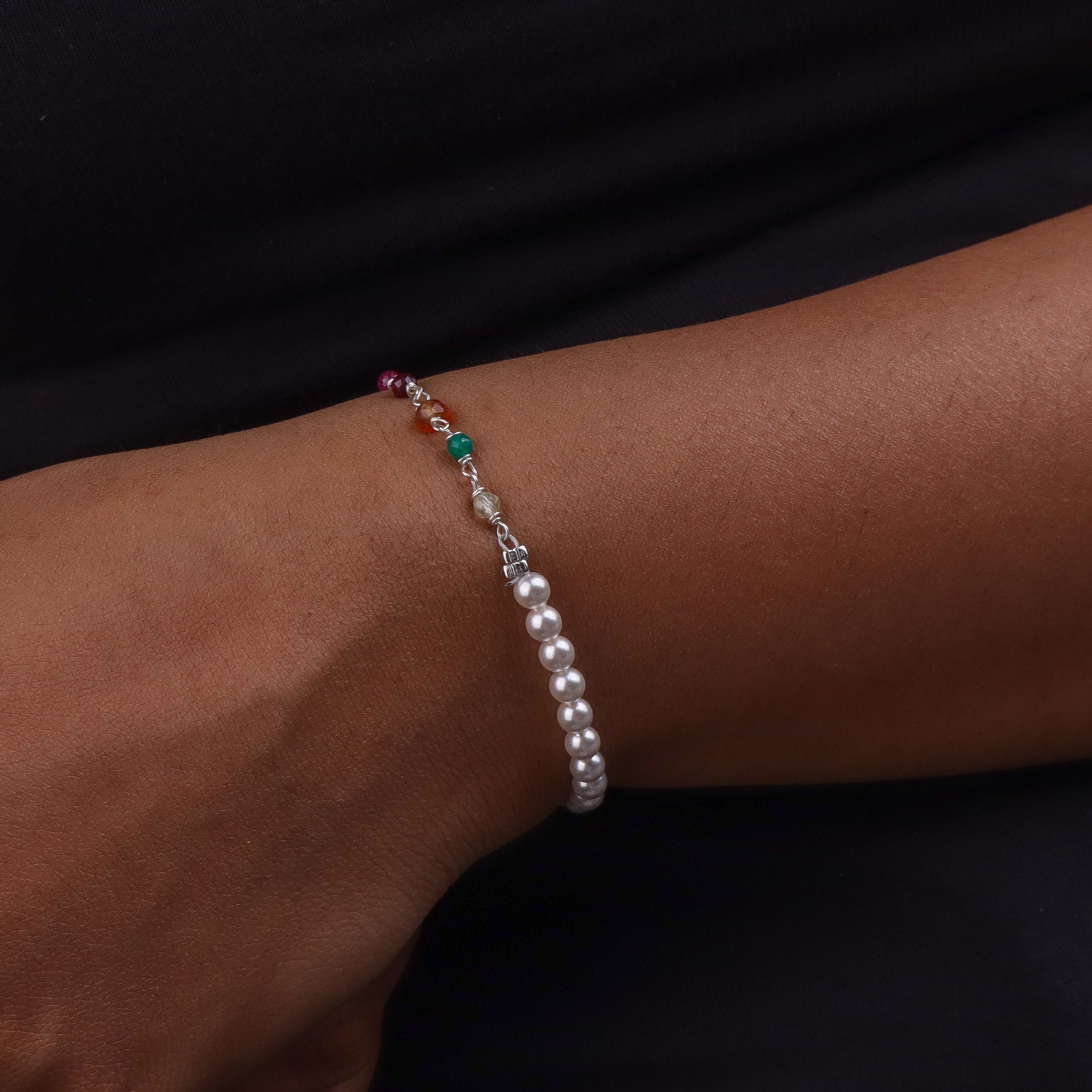 Multicolor Stone & Pearl Silver Bracelet (Project Handmade)