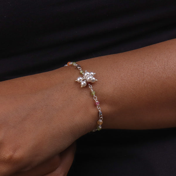 Multicolor Stone & Pearl Bunch Silver Bracelet (Project Handmade)