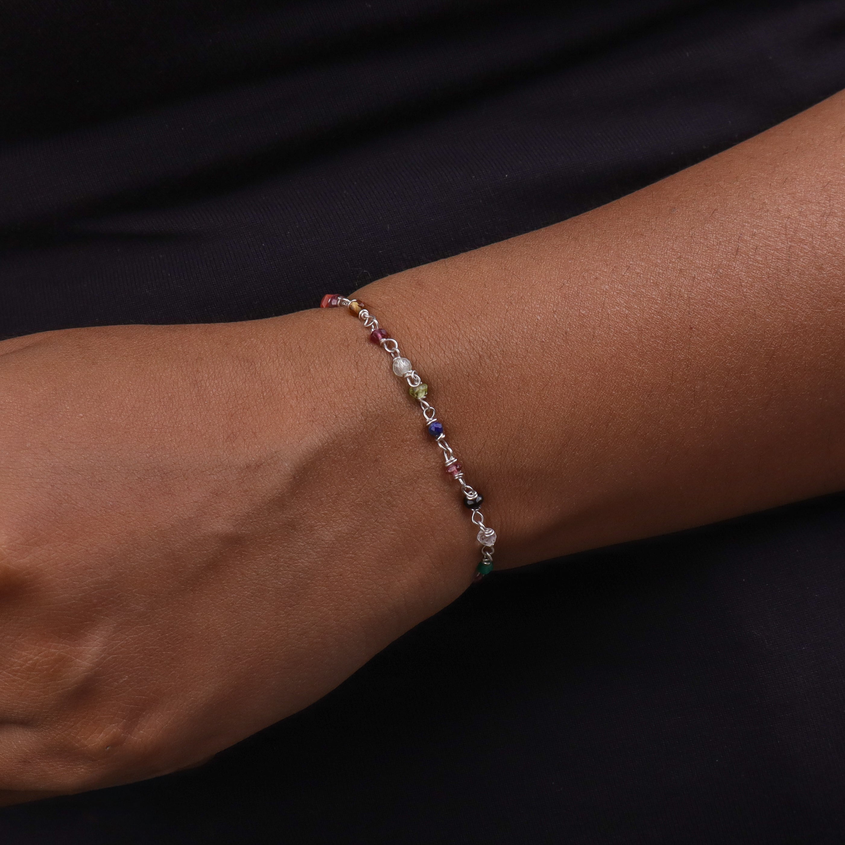 Multicolor Stone Silver Chain Bracelet (Project Handmade)