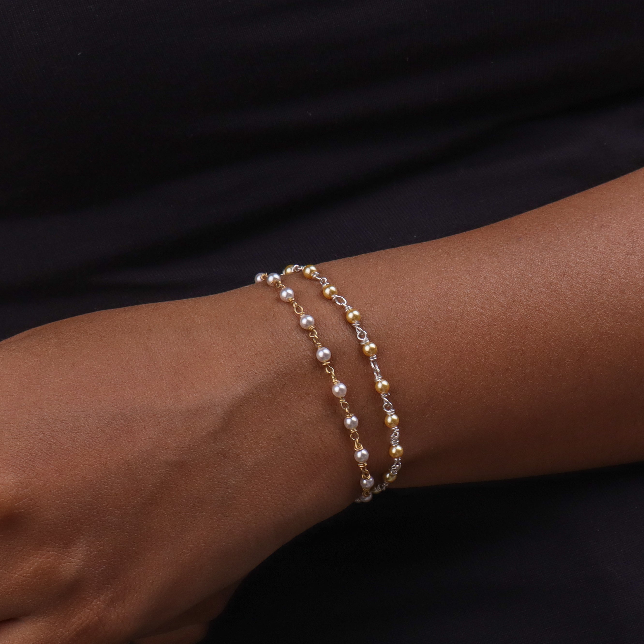 White & Golden Pearl Silver Bracelet (Project Handmade)