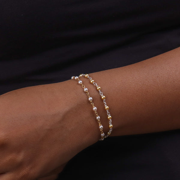White & Golden Pearl Silver Bracelet (Project Handmade)