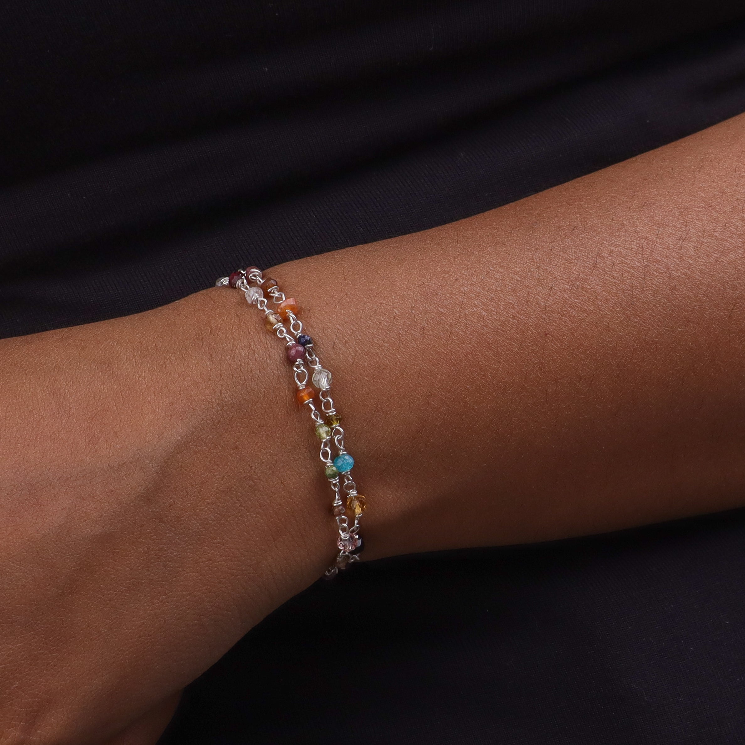 Two Layered Multicolor Stone Silver Bracelet (Project Handmade)