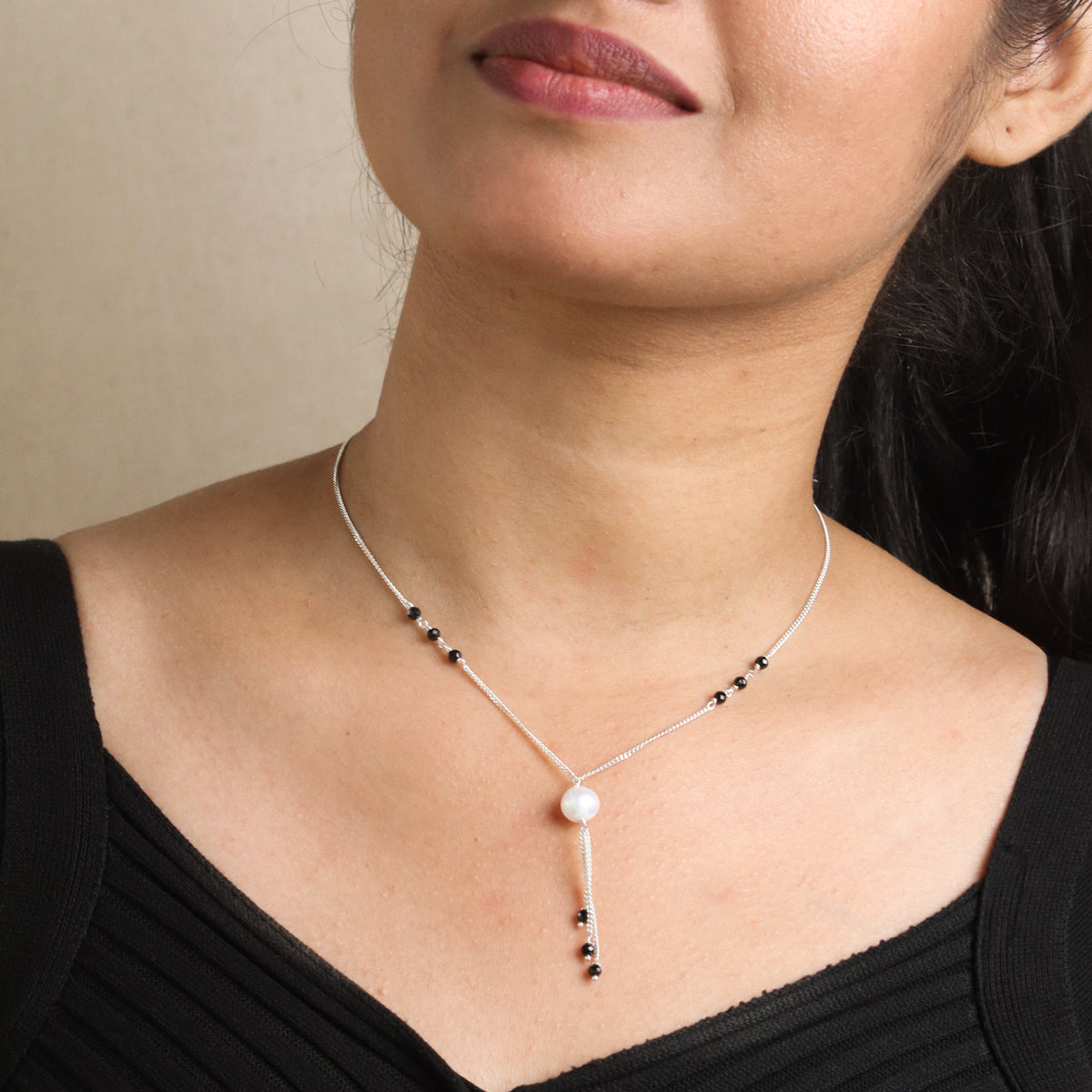Handmade Silver Single Pearl Mangalsutra with Black Spinel