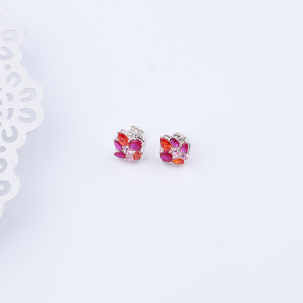 Colorful floral silver earrings with pink and orange gemstones