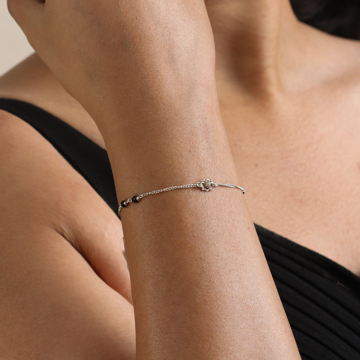 Handmade Silver Mangalsutra Bracelet with Black Spinel