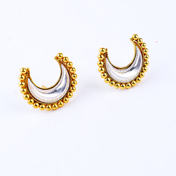 Gold and silver crescent-shaped earrings with pearl accents