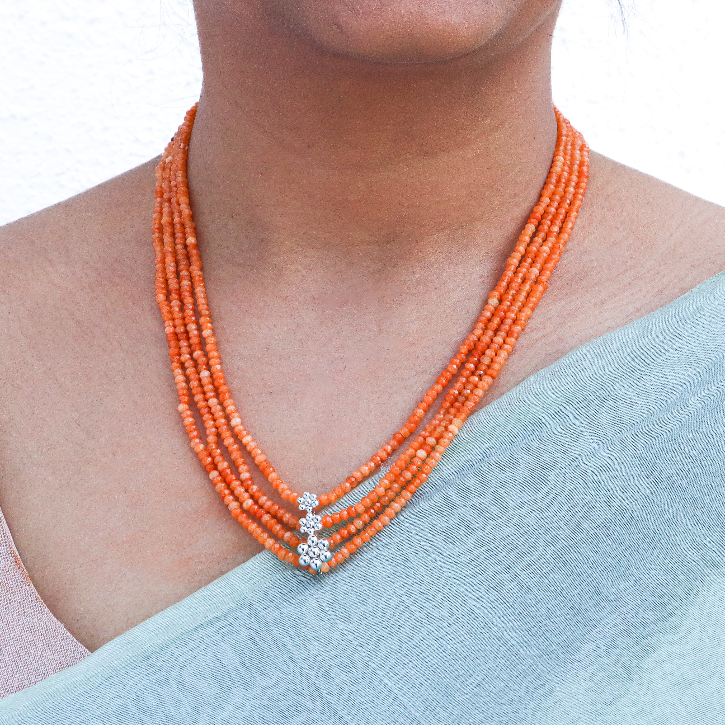 Silver Four Layer Kudi Orange Jade Necklace