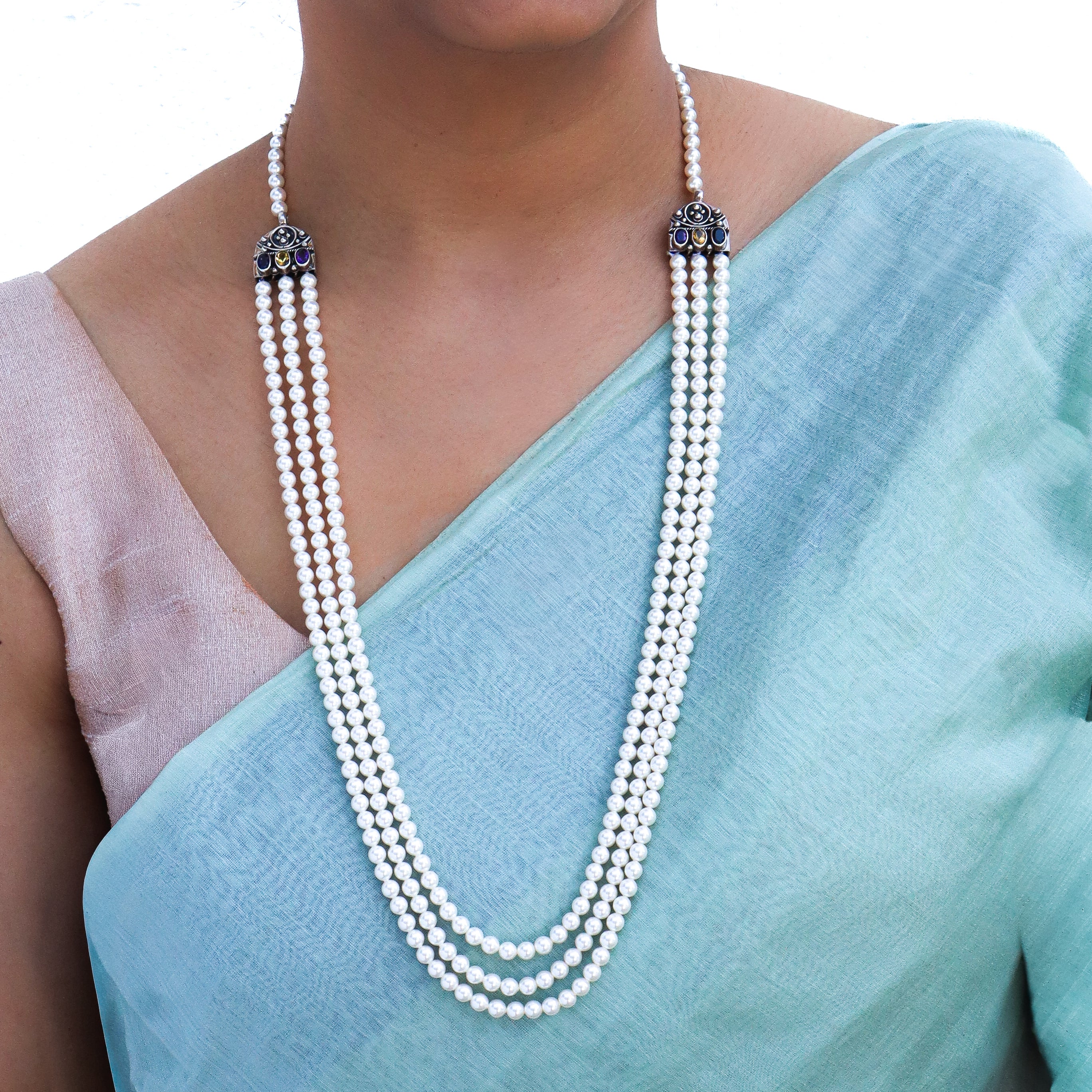 3 Layer Multi-color Pearl Necklace | 92.5 Silver