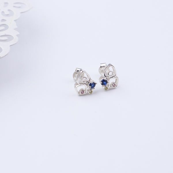 Silver Vivid Bloom jewelry set with chain, crescent motif, blue CZ accents, sterling silver