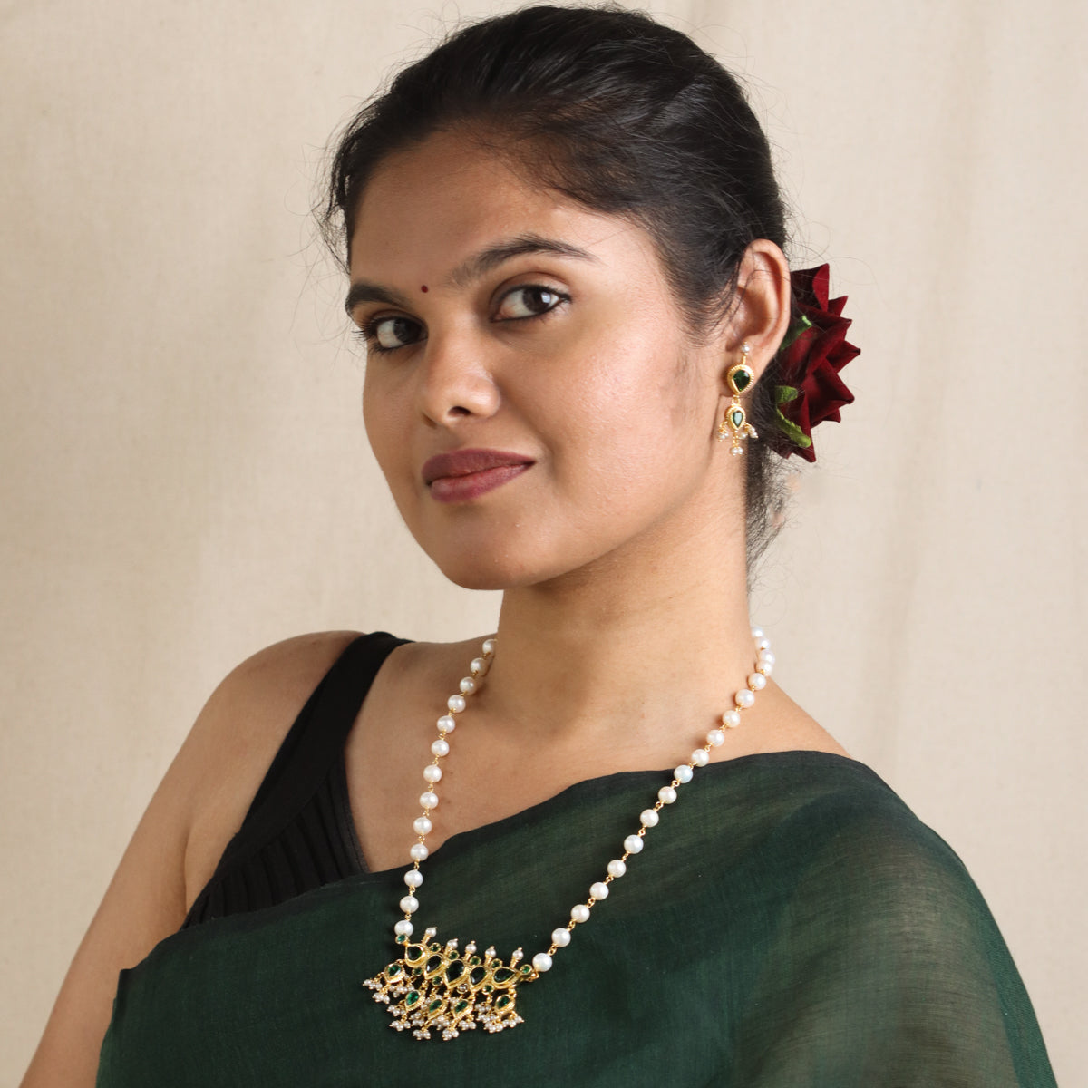 Silver Tanmani Set with Green Onyx (Gold Plating)
