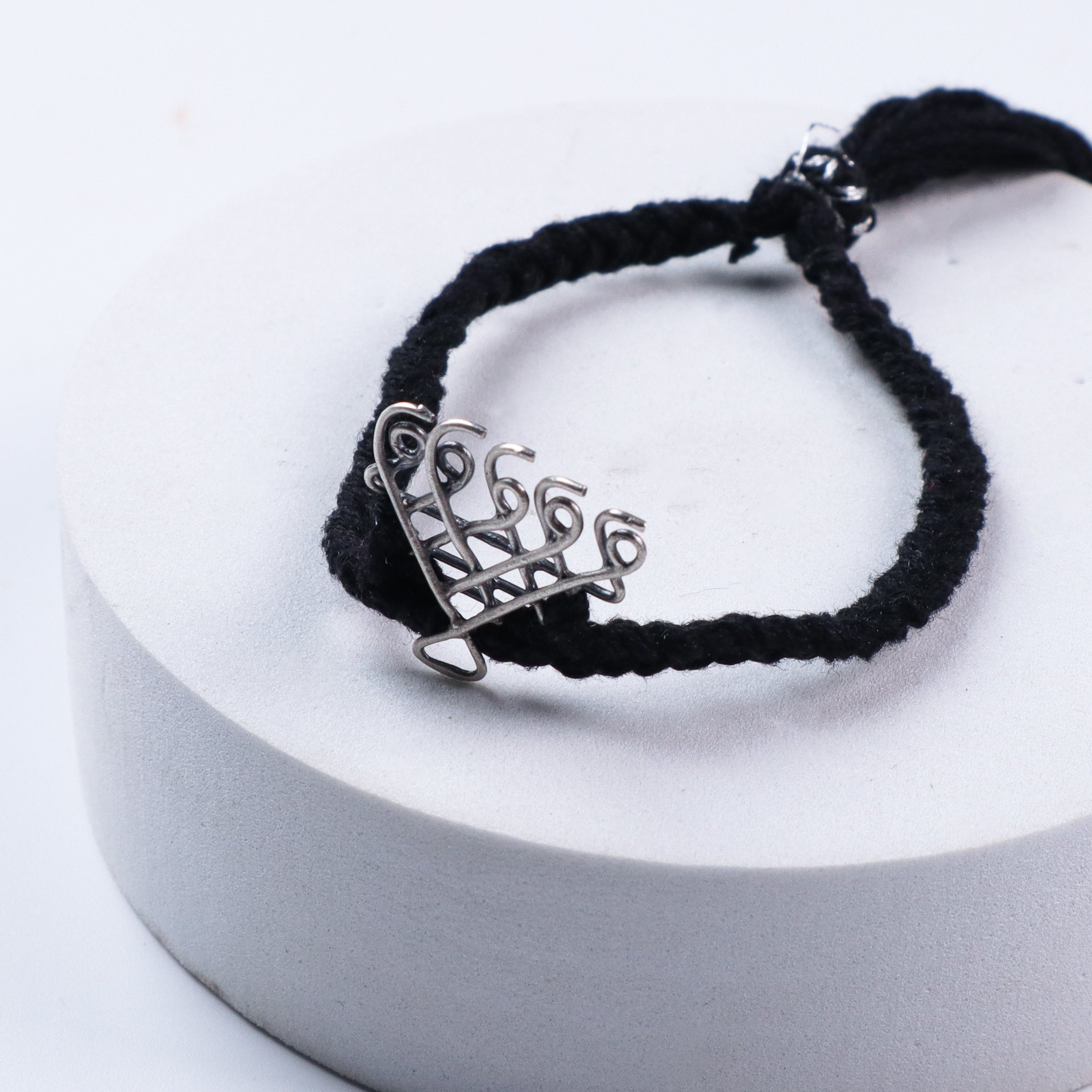 Silver Saraswati Bracelet for Men / Women with Black Thread ( Motif size : Small )