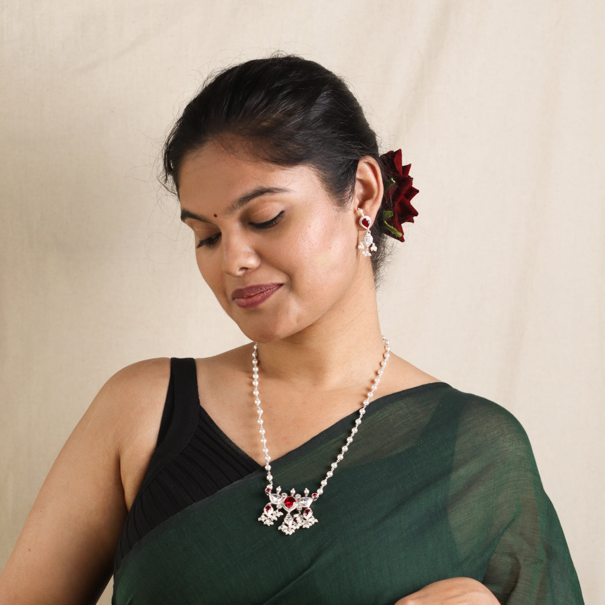 Silver Tanmani Set with Pink and CZ Stones