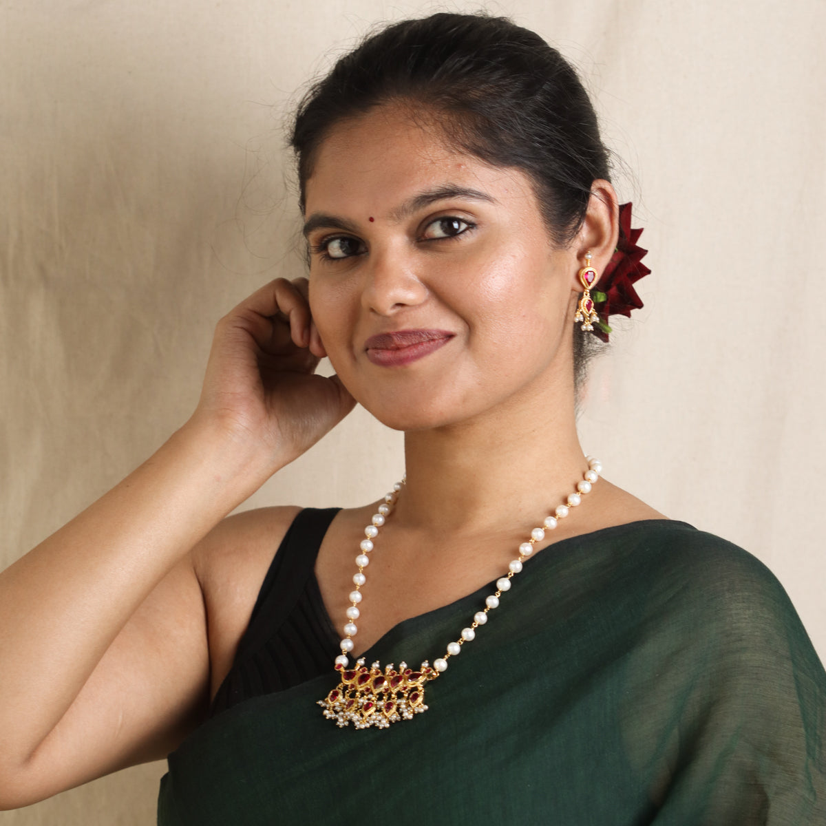 Silver Tanmani Set with Pink Stones (Gold Plating)