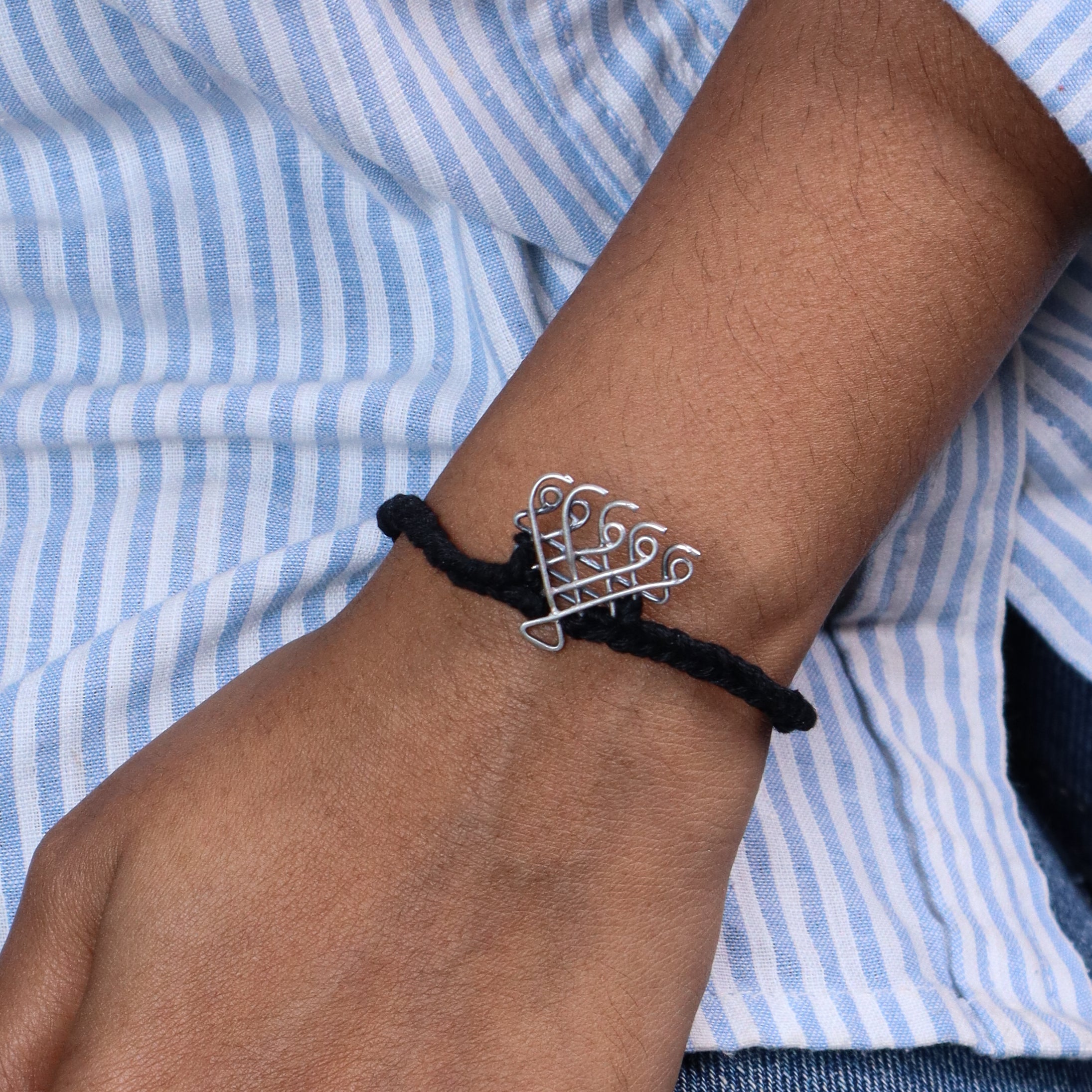 Silver Saraswati Bracelet for Men / Women with Black Thread ( Motif size : Small )