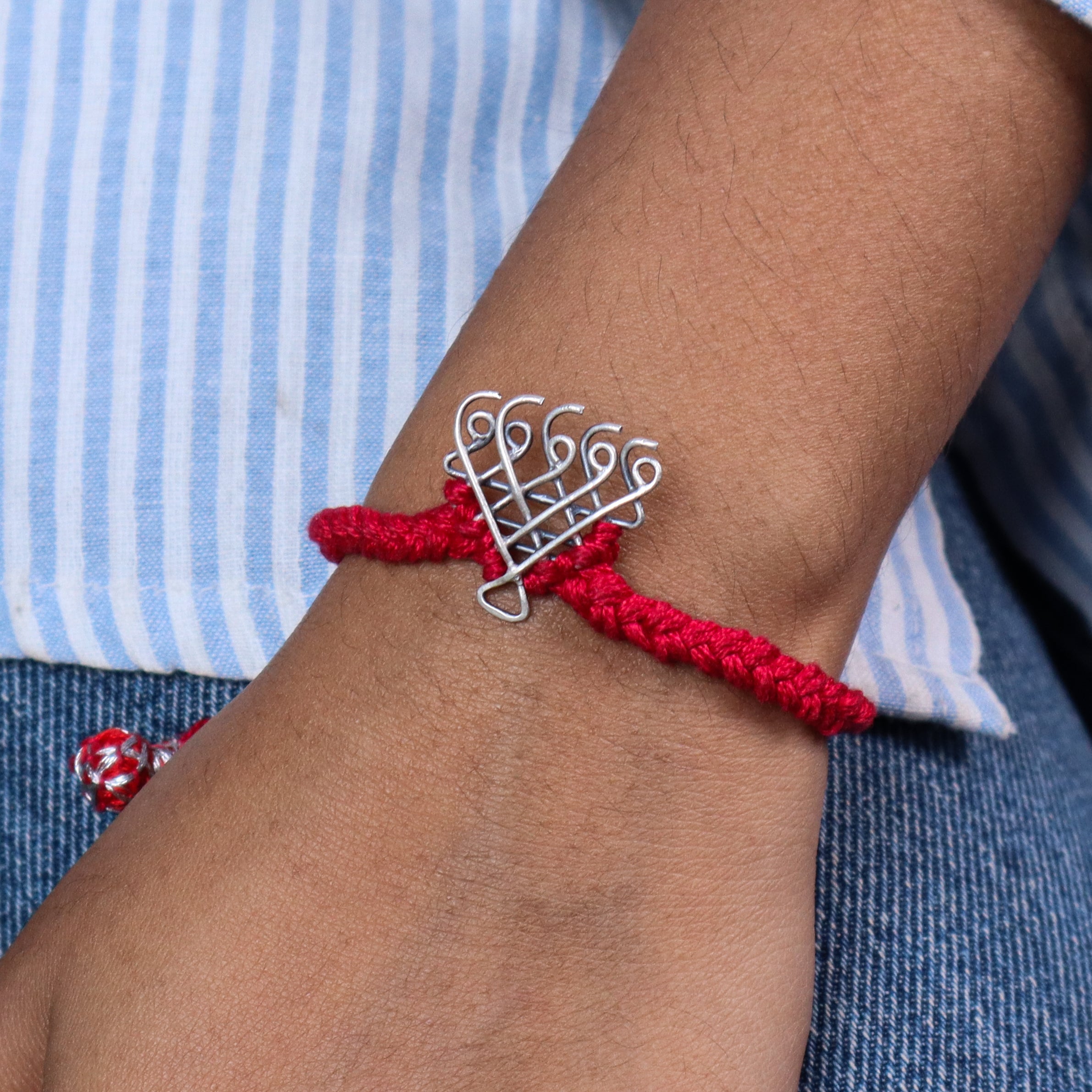 Silver Saraswati Bracelet for Men / Women with Red Thread ( Motif size : Small )